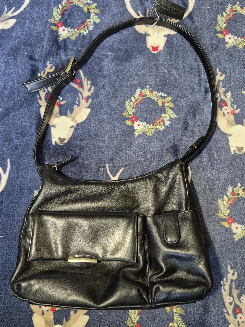 Worthington Black Leather Shoulder Bag with Front Pockets